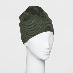 Womens Single Layer Ribbed Beanie - Olive Green Knit Hat